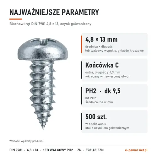 Parametry blachowkręta DIN 7981 4,8 × 13 ocynk galwaniczny: gniazdo PH2, końcówka typu C, 500 szt. w opakowaniu