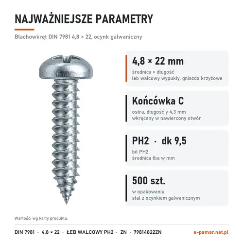 Parametry blachowkręta DIN 7981 4,8 × 22 ocynk galwaniczny: gniazdo PH2, końcówka typu C, 500 szt. w opakowaniu