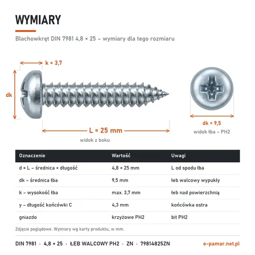 Wymiary blachowkręta DIN 7981 4,8 × 25: łeb dk 9,5 mm, k 3,7 mm, gniazdo PH2, końcówka typu C y 4,3 mm