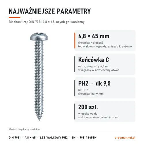Parametry blachowkręta DIN 7981 4,8 × 45 ocynk galwaniczny: gniazdo PH2, końcówka typu C, 200 szt. w opakowaniu