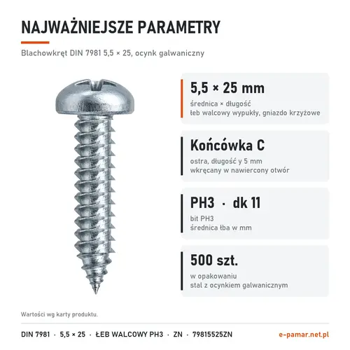Parametry blachowkręta DIN 7981 5,5 × 25 ocynk galwaniczny: gniazdo PH3, końcówka typu C, 500 szt. w opakowaniu