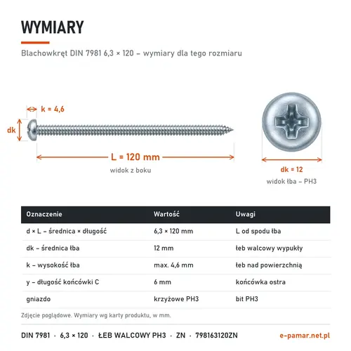 Wymiary blachowkręta DIN 7981 6,3 × 120: łeb dk 12 mm, k 4,6 mm, gniazdo PH3, końcówka typu C y 6 mm