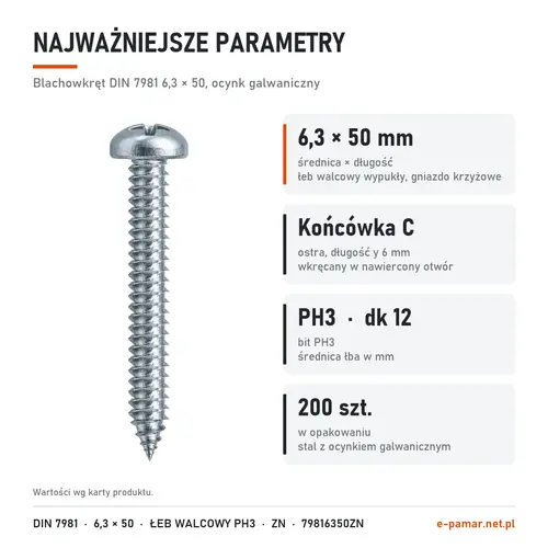 Parametry blachowkręta DIN 7981 6,3 × 50 ocynk galwaniczny: gniazdo PH3, końcówka typu C, 200 szt. w opakowaniu