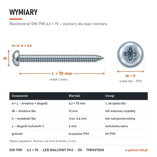 Wymiary blachowkręta DIN 7981 6,3 × 70: łeb dk 12 mm, k 4,6 mm, gniazdo PH3, końcówka typu C y 6 mm