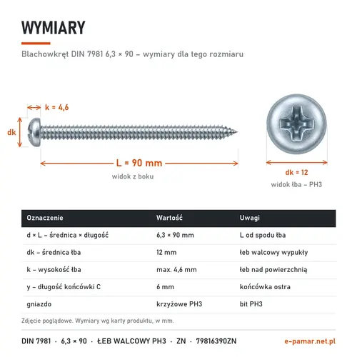 Wymiary blachowkręta DIN 7981 6,3 × 90: łeb dk 12 mm, k 4,6 mm, gniazdo PH3, końcówka typu C y 6 mm
