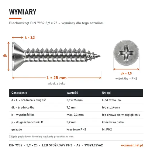 Wymiary blachowkręta DIN 7982 3,9 × 25: łeb dk 7,5 mm, k 2,3 mm, gniazdo PH2, końcówka typu C y 3,2 mm