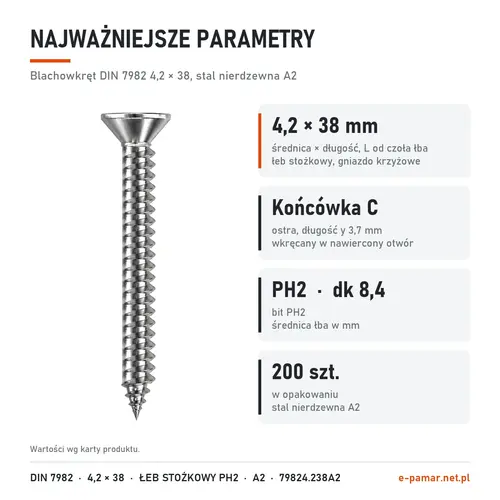 Parametry blachowkręta DIN 7982 4,2 × 38 stal nierdzewna A2: gniazdo PH2, końcówka typu C, 200 szt. w opakowaniu