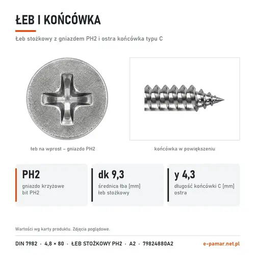 Łeb stożkowy z gniazdem PH2 i końcówka typu C blachowkręta DIN 7982 4,8 × 80 w zbliżeniu