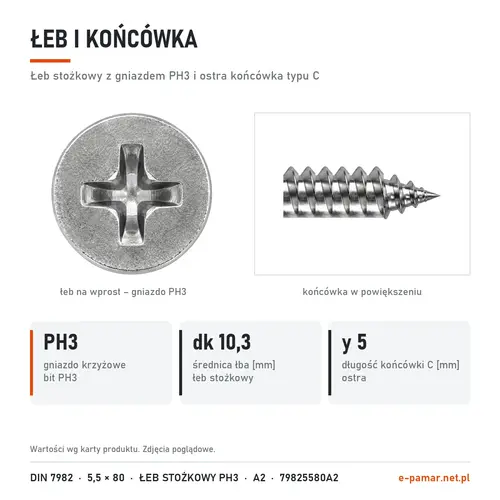 Łeb stożkowy z gniazdem PH3 i końcówka typu C blachowkręta DIN 7982 5,5 × 80 w zbliżeniu