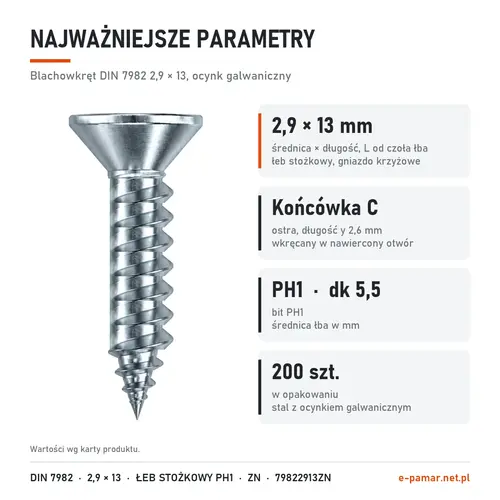 Parametry blachowkręta DIN 7982 2,9 × 13 ocynk galwaniczny: gniazdo PH1, końcówka typu C, 200 szt. w opakowaniu