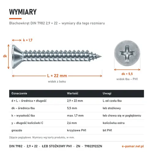 Wymiary blachowkręta DIN 7982 2,9 × 22: łeb dk 5,5 mm, k 1,7 mm, gniazdo PH1, końcówka typu C y 2,6 mm
