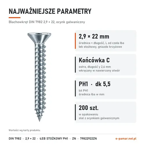 Parametry blachowkręta DIN 7982 2,9 × 22 ocynk galwaniczny: gniazdo PH1, końcówka typu C, 200 szt. w opakowaniu