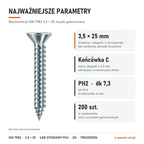 Parametry blachowkręta DIN 7982 3,5 × 25 ocynk galwaniczny: gniazdo PH2, końcówka typu C, 200 szt. w opakowaniu