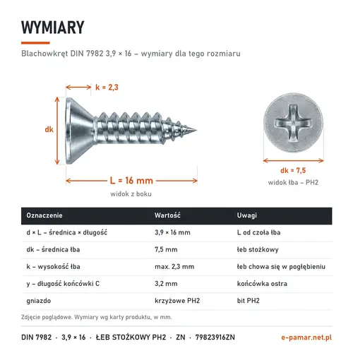 Wymiary blachowkręta DIN 7982 3,9 × 16: łeb dk 7,5 mm, k 2,3 mm, gniazdo PH2, końcówka typu C y 3,2 mm