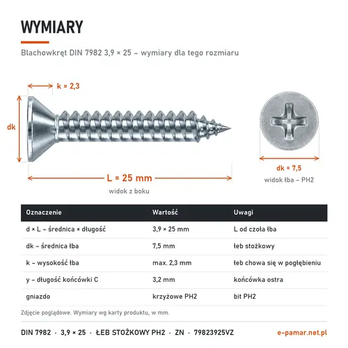 Wymiary blachowkręta DIN 7982 3,9 × 25: łeb dk 7,5 mm, k 2,3 mm, gniazdo PH2, końcówka typu C y 3,2 mm