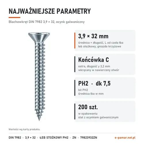 Parametry blachowkręta DIN 7982 3,9 × 32 ocynk galwaniczny: gniazdo PH2, końcówka typu C, 200 szt. w opakowaniu
