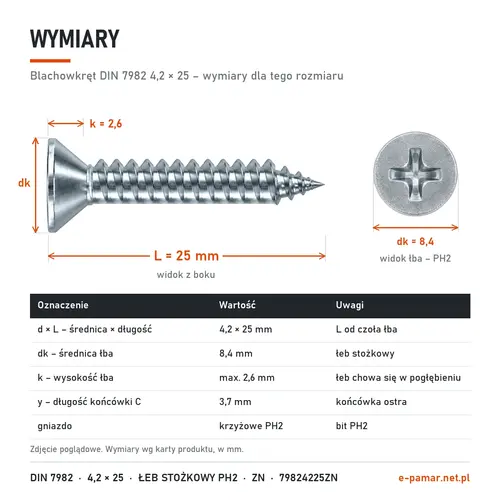 Wymiary blachowkręta DIN 7982 4,2 × 25: łeb dk 8,4 mm, k 2,6 mm, gniazdo PH2, końcówka typu C y 3,7 mm