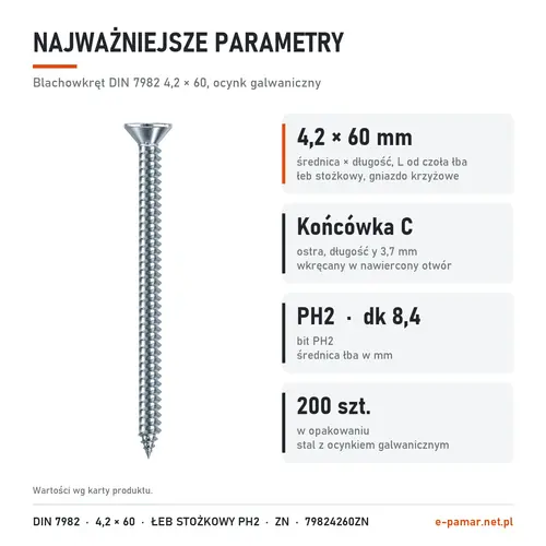 Parametry blachowkręta DIN 7982 4,2 × 60 ocynk galwaniczny: gniazdo PH2, końcówka typu C, 200 szt. w opakowaniu