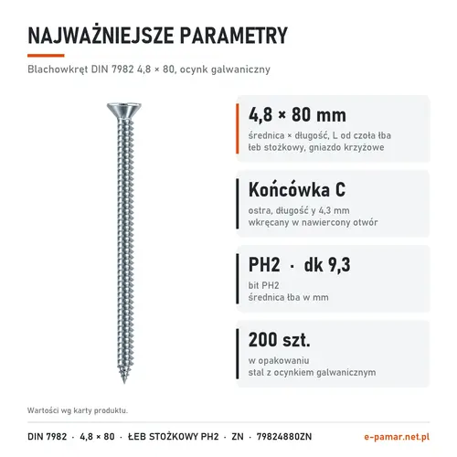 Parametry blachowkręta DIN 7982 4,8 × 80 ocynk galwaniczny: gniazdo PH2, końcówka typu C, 200 szt. w opakowaniu
