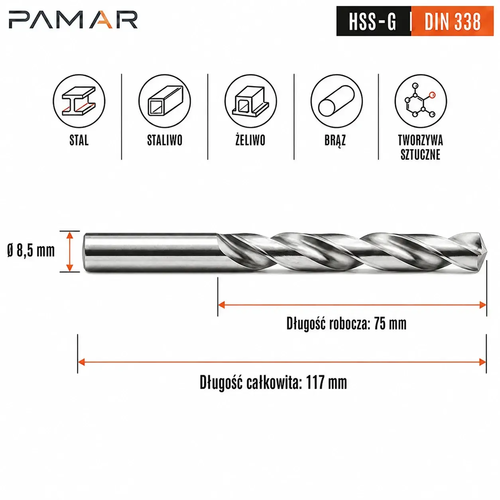 WIERTŁO SZLIFOWANE HSS-G DIN 338 Ø8,5 MM DO METALU 1